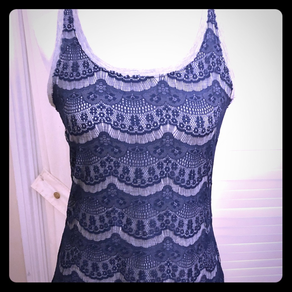 Sleeveless Gray/Navy Lace Overlay Tank, Sz Lg